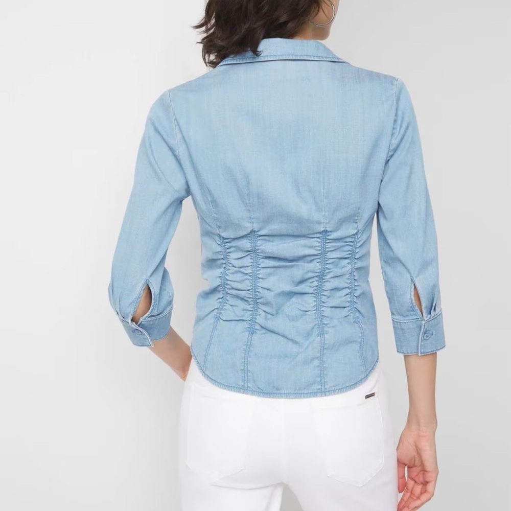 White House Black Market Light Blue Ruched Button-Front Chambray Shirt - Picture 2 of 14